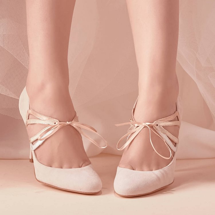 Ivory Bridal Heels Lace up Suede Stiletto Heel Pumps for Wedding |FSJ Shoes