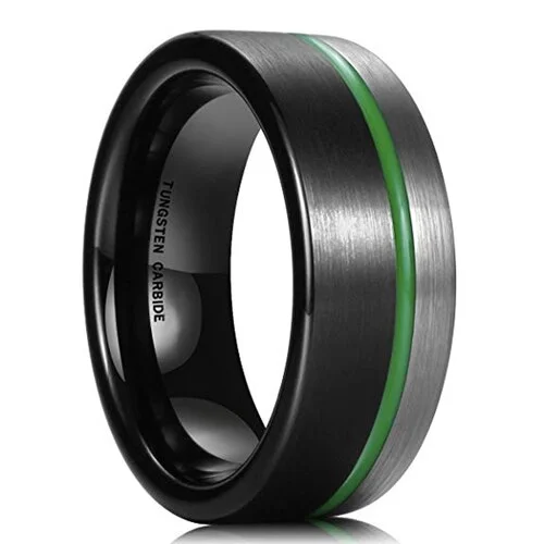 Women's Or Men's Tungsten Carbide Wedding Band Matching Rings, Green Plated Grooved Ring Black and Silver.Brushed and Comfort Fit Ring With Mens And Womens For Width 4MM 6MM 8MM 10MM