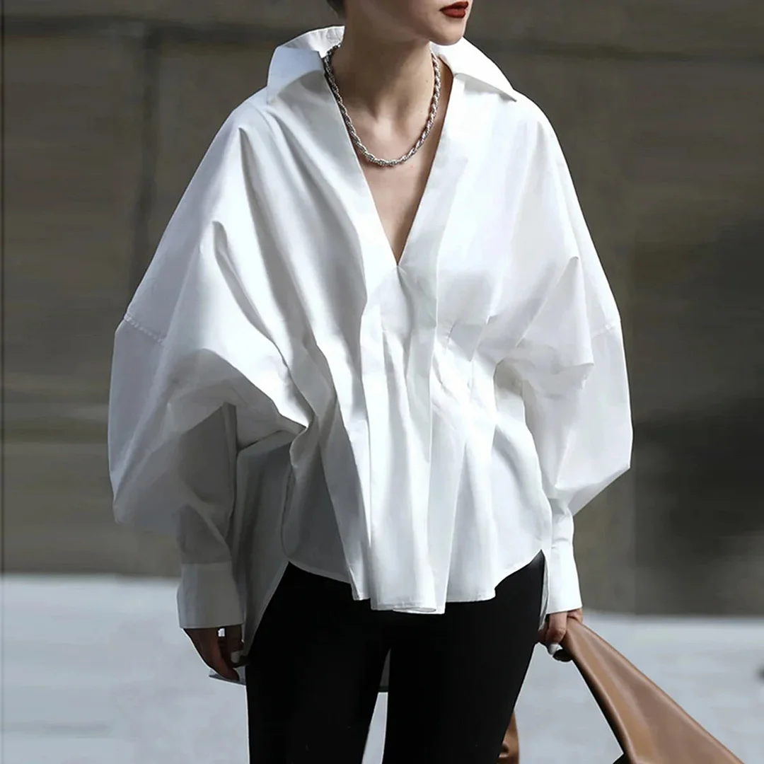 Tlbang 2023 New Fashion Puff Sleeves Pleated Lapel White Blouses Spring Autumn Loose Casual Korean Style Shirt Tops For Women
