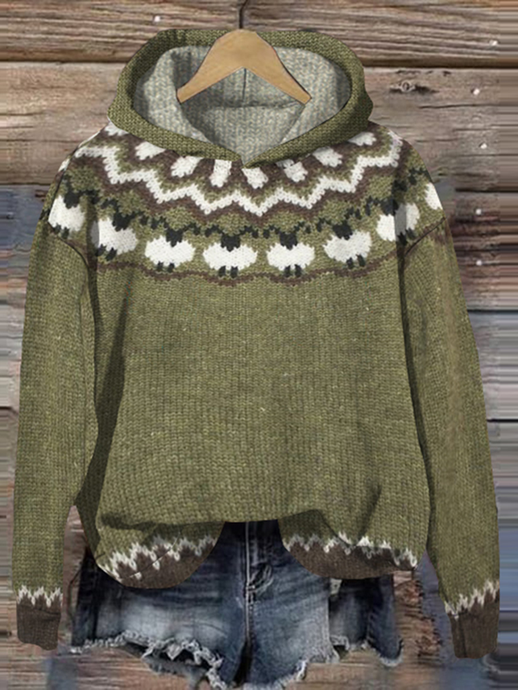 Retro Jacquard Pattern Buttoned Front Hooded Sweater