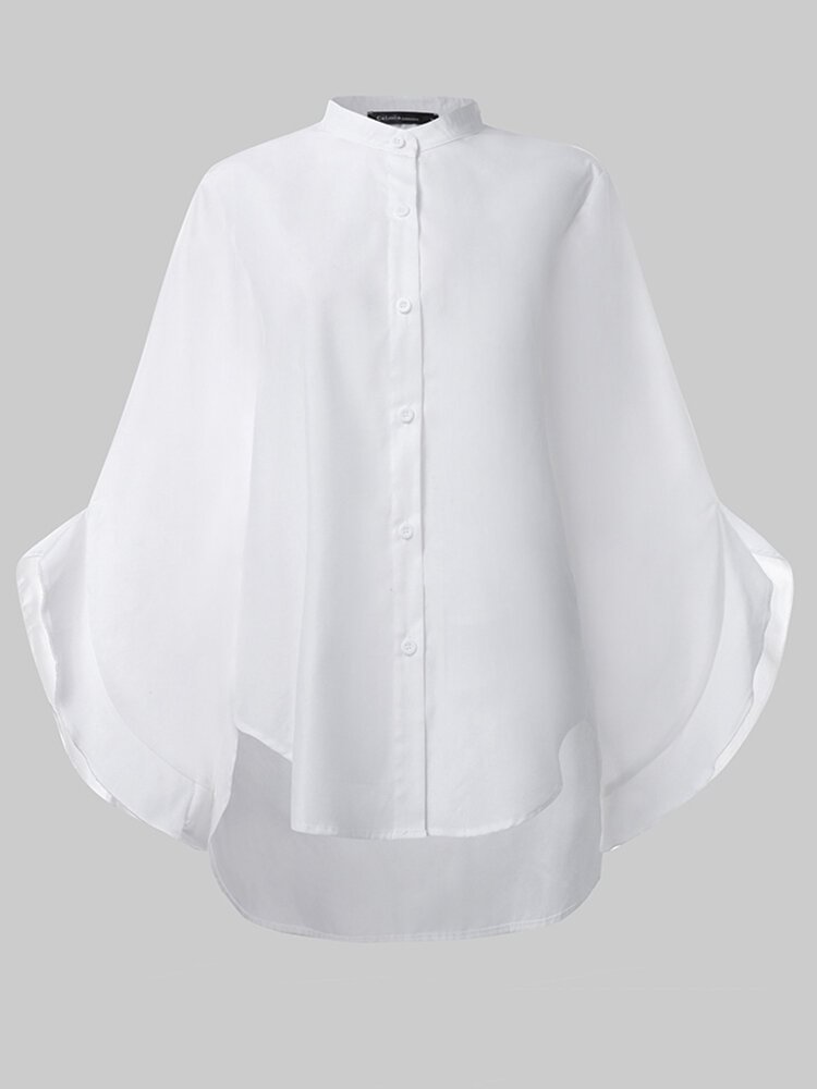 Women Solid Color Stand Collar Button Long Sleeve Casual Blouse - Shop Trendy Women's Clothing | LoverChic