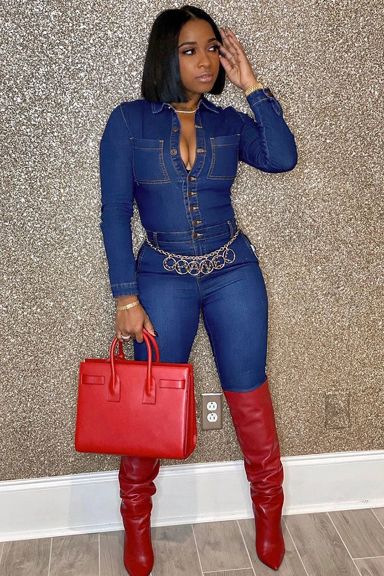 Half Button Denim Long Sleeve Shirt Tapered Jumpsuit