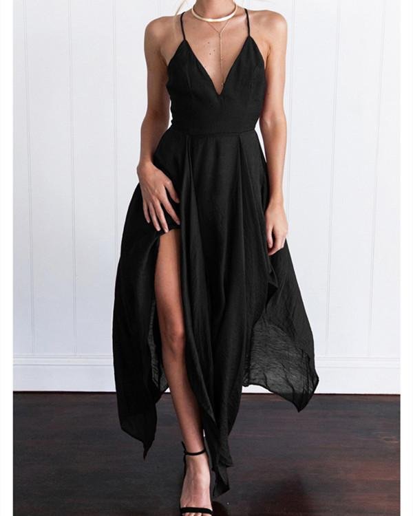 Spaghetti Strap Asymmetric Hem Backless Plain Sleeveless Maxi Dresses