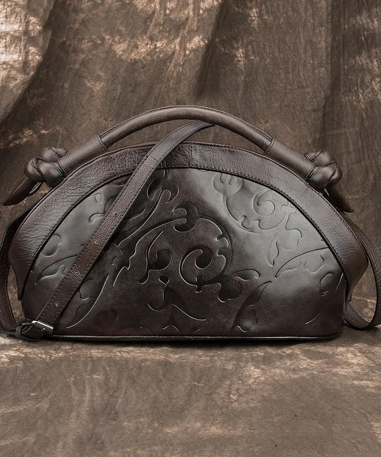 Vintage Coffee Embossing Calf Leather Women's Tote Handbag