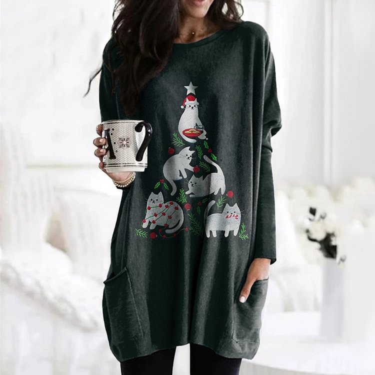 Cat Christmas Tree Print Long Sleeve Tunic