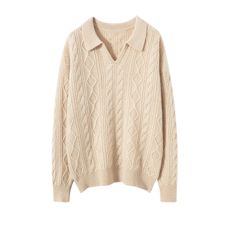 V Neck Cable-Knit Cashmere Sweater For Women REAL SILK LIFE
