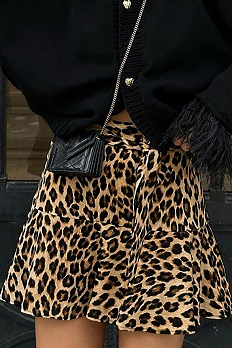 Leopard Print A-Line Mini Skirt-Brown