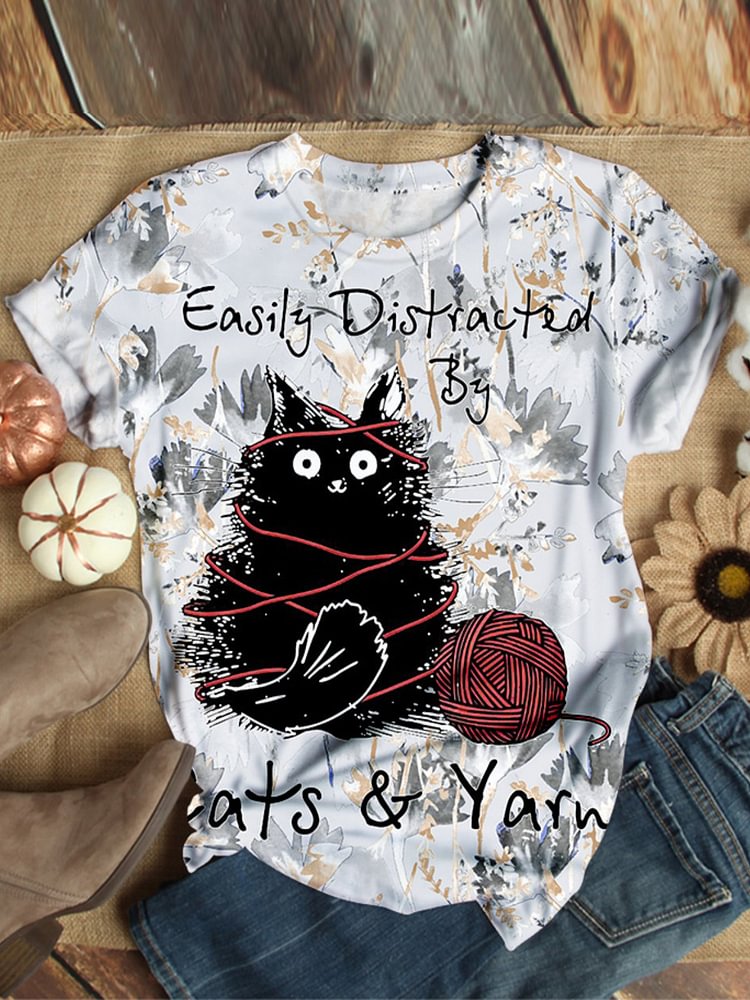 Bestdealfriday Cat Pattern Round Neck Casual Shirts Tops 9106451