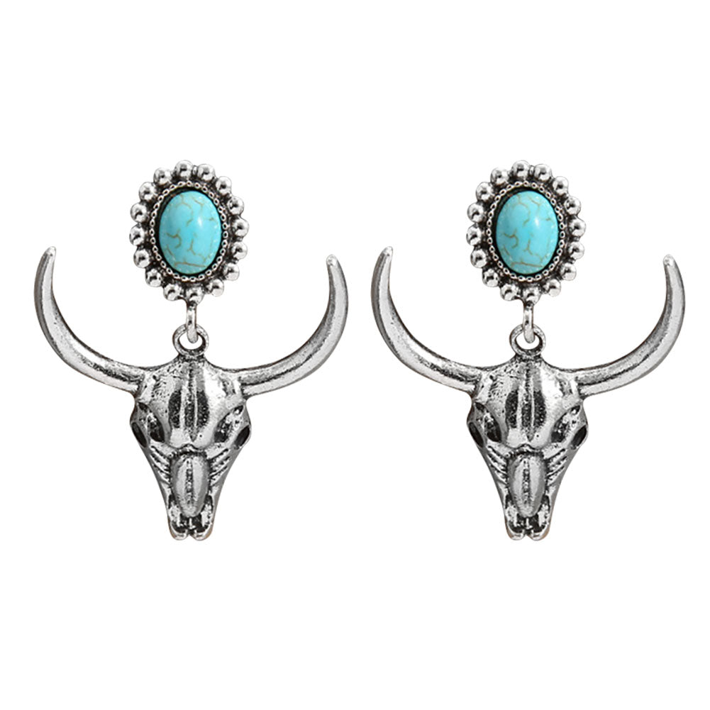 Boho Bull Head Dangle Earrings Vintage Western Turquoise Women Earrings-Guru-buzz