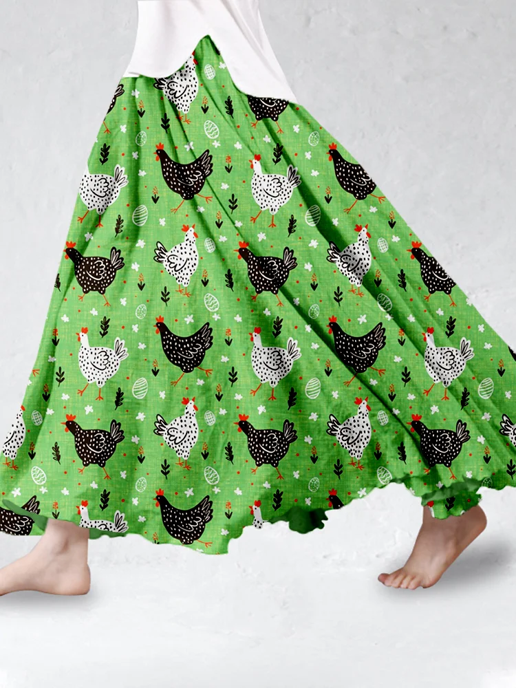 Comstylish Cute Chicken Graphic Vintage Linen Blend Flowy Wide Skirt