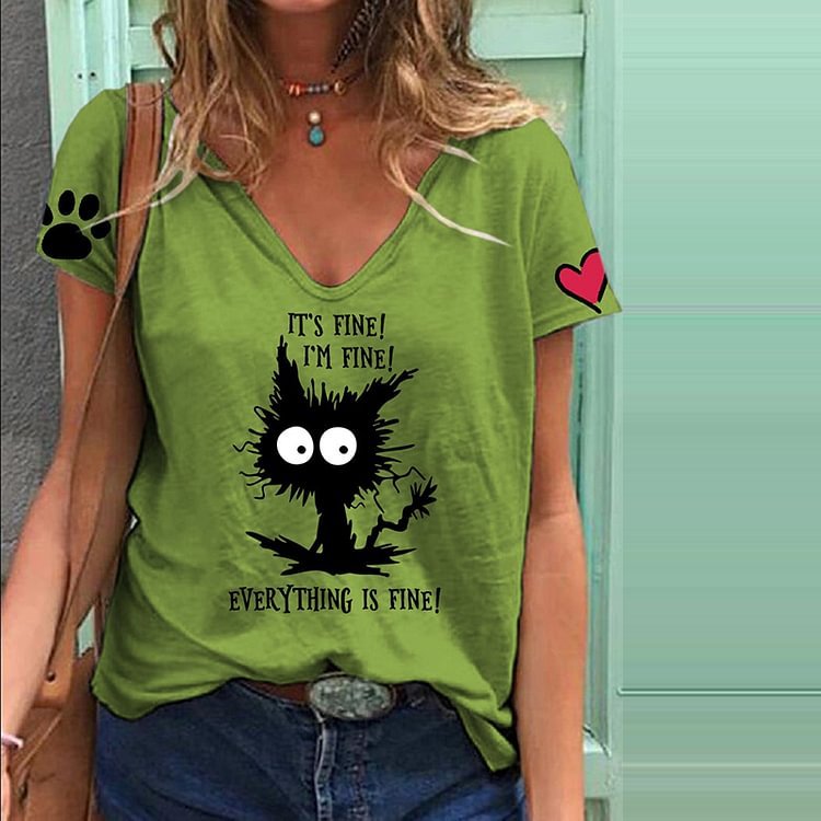 Comstylish Women's I'm Fine Everything Is Fine Print V Neck Short Sleeve T-Shirt
