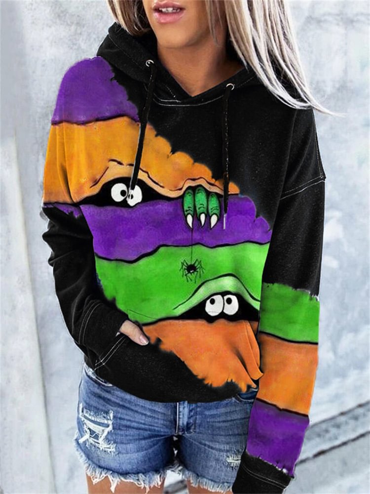 Vefave Halloween Lovely Monster Colorblock Tie Dye Hoodie