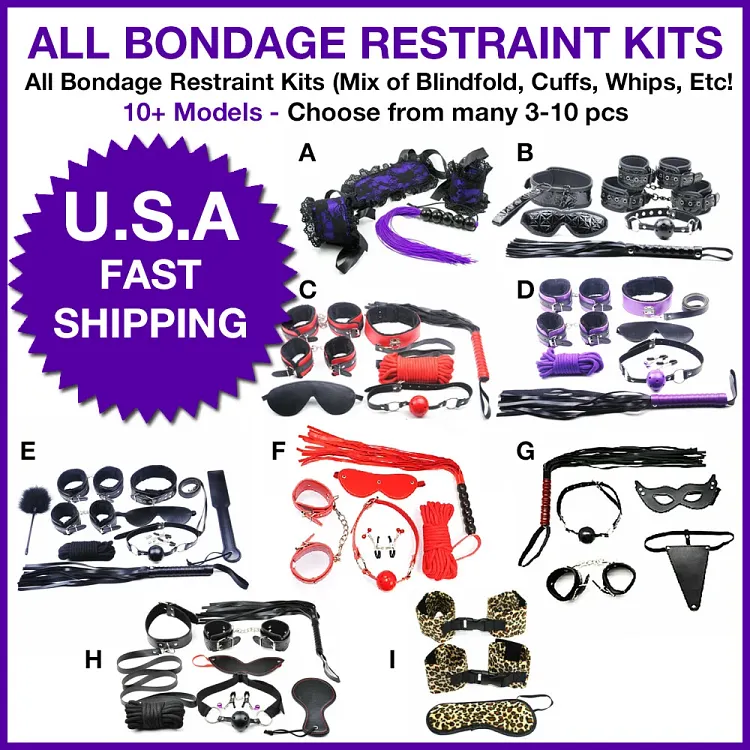 pornhint Pornhint All Bondage Restraint Kits, 3-10 pcs BDSM Blindfold, Cuffs, Whip, Rope, Ball Gag BDSM