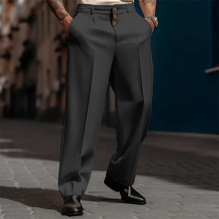 Business Solid Three Button Pockets Straight Leg Suit Pants