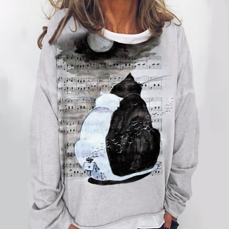 Comstylish Casual Music Score Cat Print Loose Sweatshirt