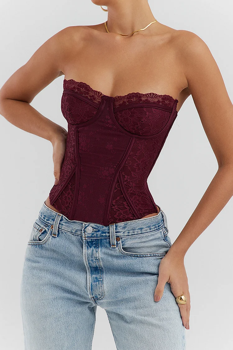 Lace Trim Quilted Strapless Corset Top-Red