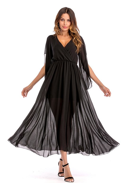 Black V Neck Slit Sleeve Chiffon Maxi Dress - Shop Trendy Women's Clothing | LoverChic