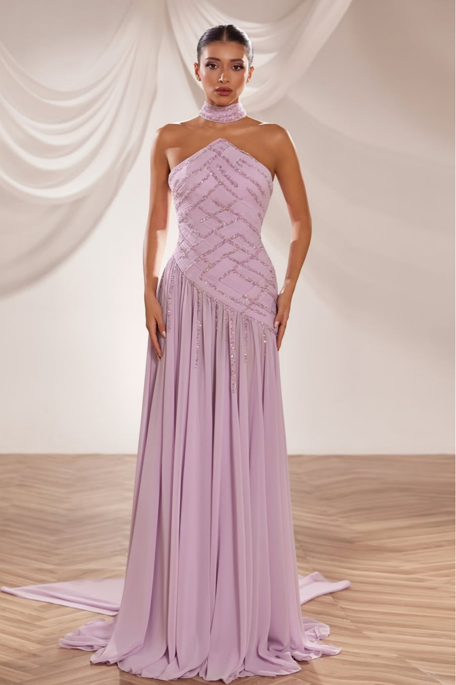 Chiffon Strapless Sleeveless Long A-Line Prom Dress With Pleated And Sequins | YQ0082 Wellcucu
