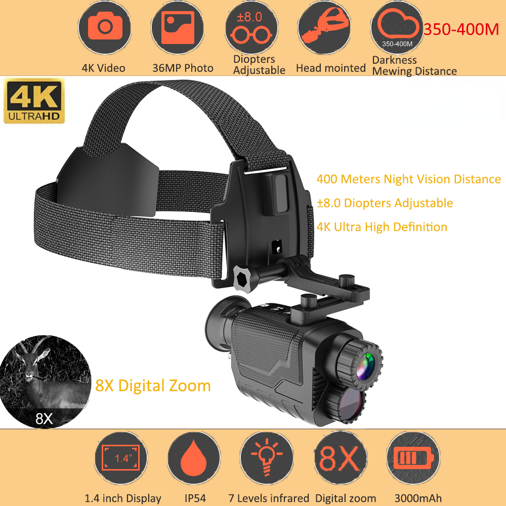 BekinTek 4K 3D Helmet Mounted Night Vision Monocular Head Mountable Goggles Rechargeable Optics Telescope IR Full Dark Observing 7x Infrared 8x Digital Zoom 4K Video Record 36M Photo 800 Degrees Diopter Adjustment 4 Color Effect 4