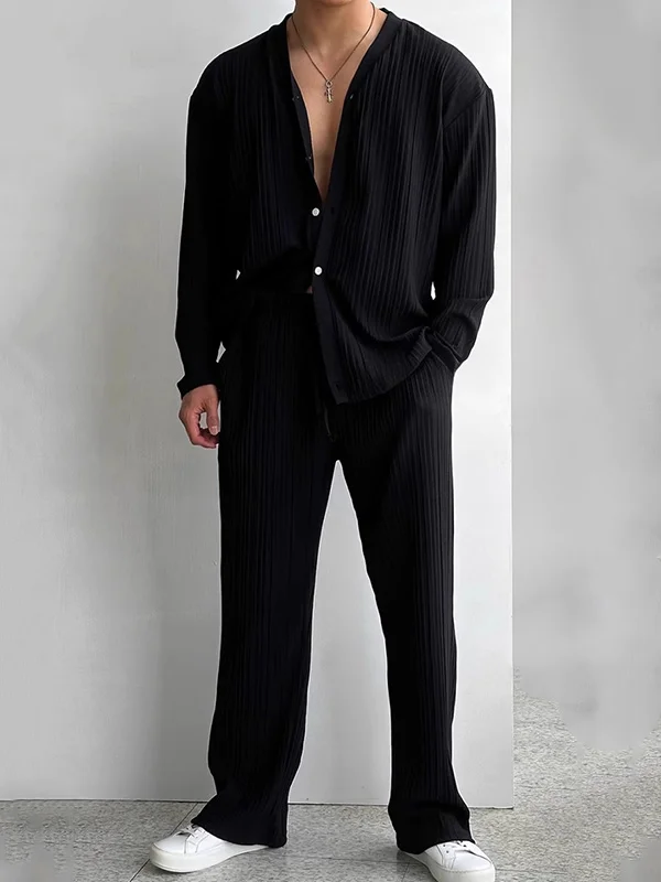 Men's Solid Color Ribbed Long Sleeve Shirt Pants Matching Set