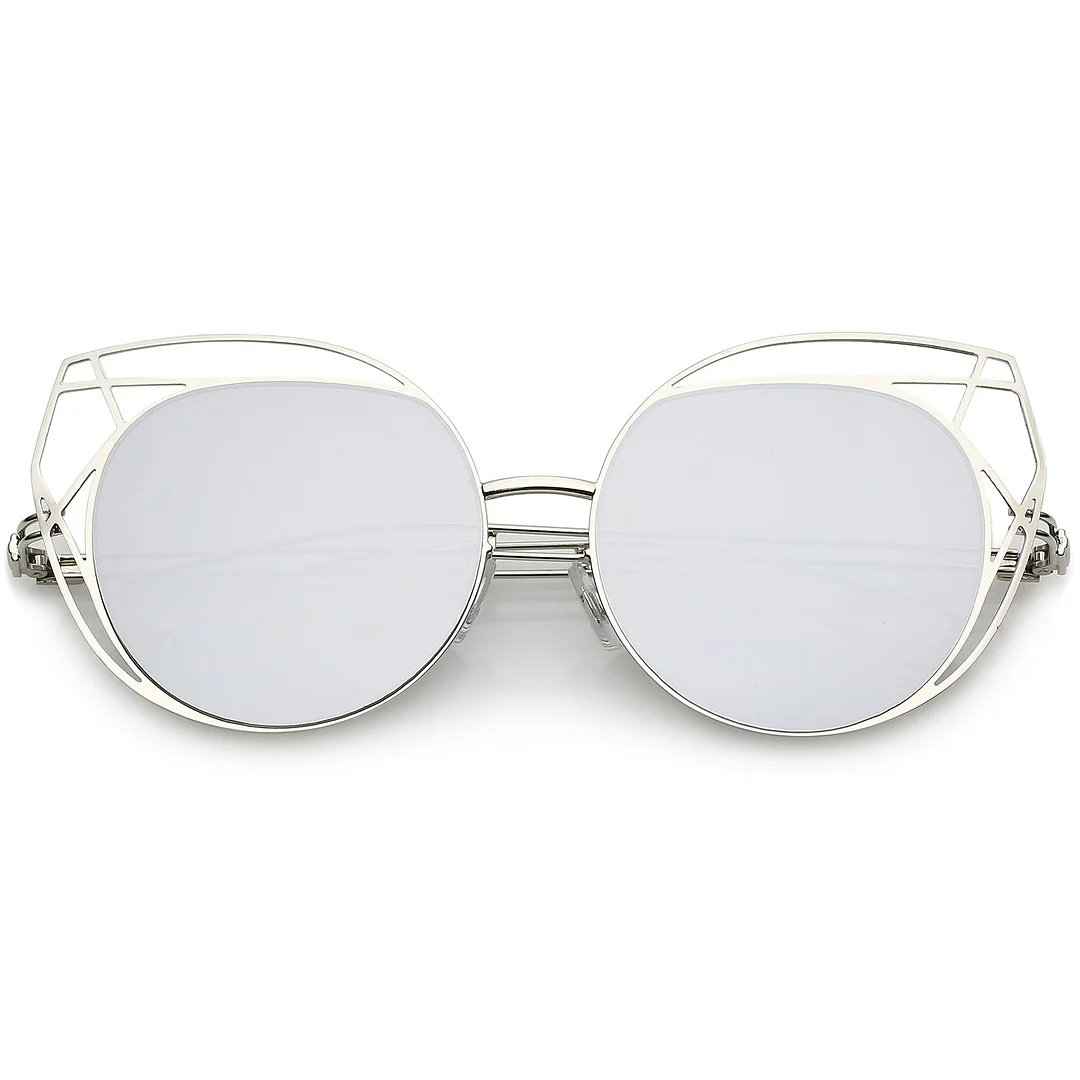 Geometric Cutout Thin Metal Cat Eye glasses Round Mirrored Flat Lens 53mm
