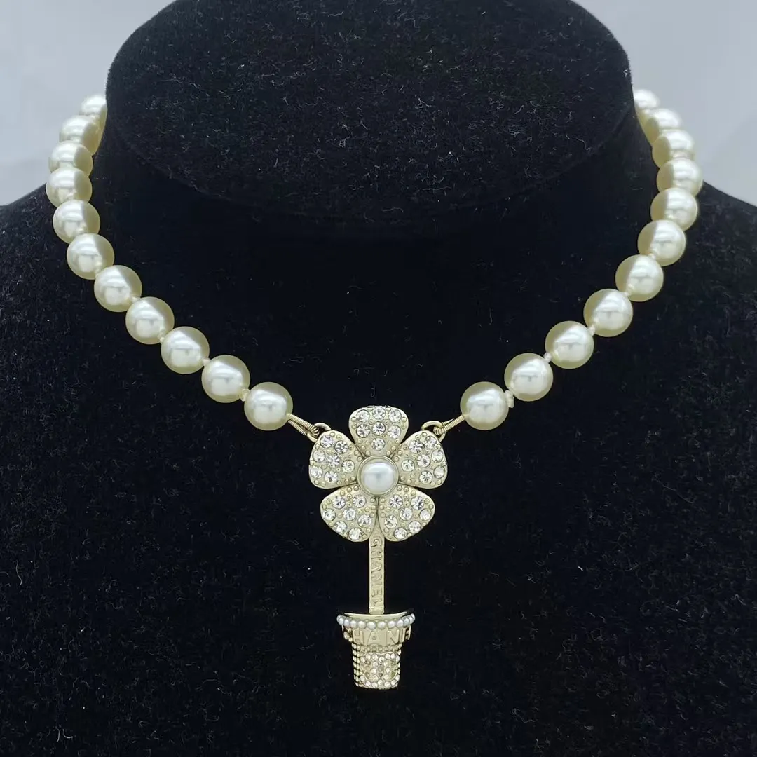 Chanel Potted Plants Flower Pearl Necklace