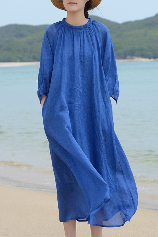 Summer Klein Blue Ramie Dress Loose Balloon Sleeve Long Dress