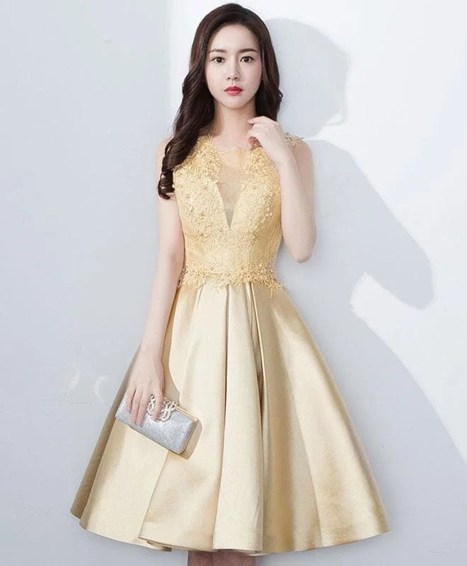 Cute Round Neck Lace Satin Short Prom Dress, Lace Homecoming Dress