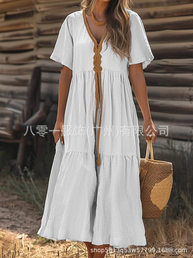 Women's solid color short-sleeved cotton and linen wide waist dress socialshop