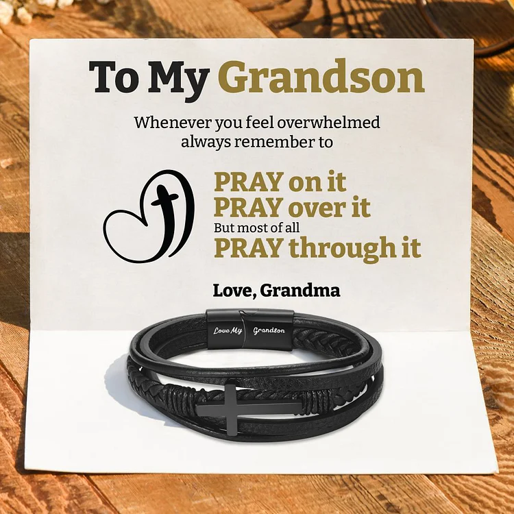 To My Grandson Cross Braided Leather Bracelet "Pray Through It"