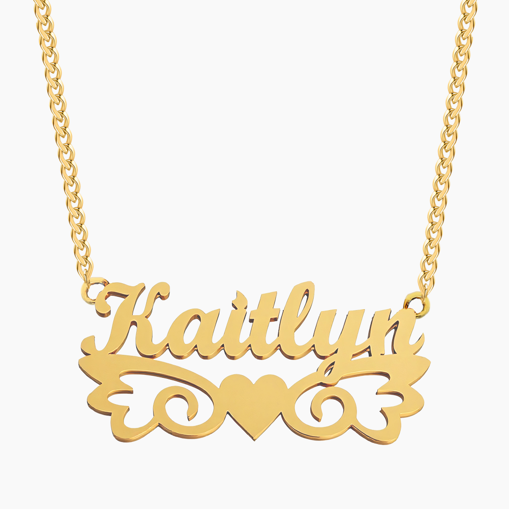 Double Heart Shaped Wings Name Necklace