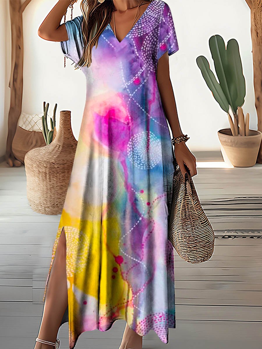 Women's Artistic Watercolor Splash Pattern V-neck Resort Style Dress