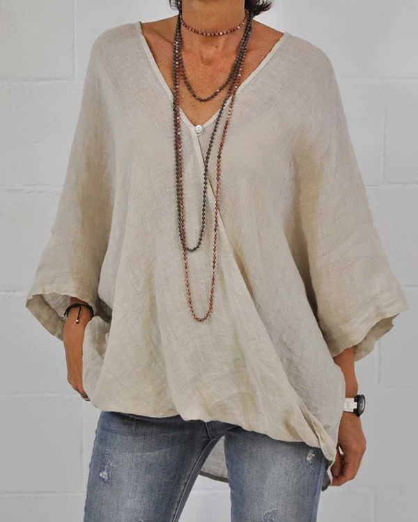 Casual Solid Color Loose and Comfortable Cotton Linen V-neck Top