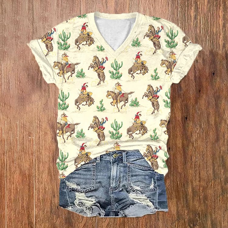 VChics Western Print V Neck Short Sleeve T-Shirt