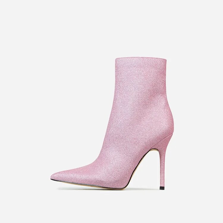 TAAFO Pink Stiletto Glitter Heels Shoes Pointed Toe Zipper Up Ankle Booties Ladies Shoes