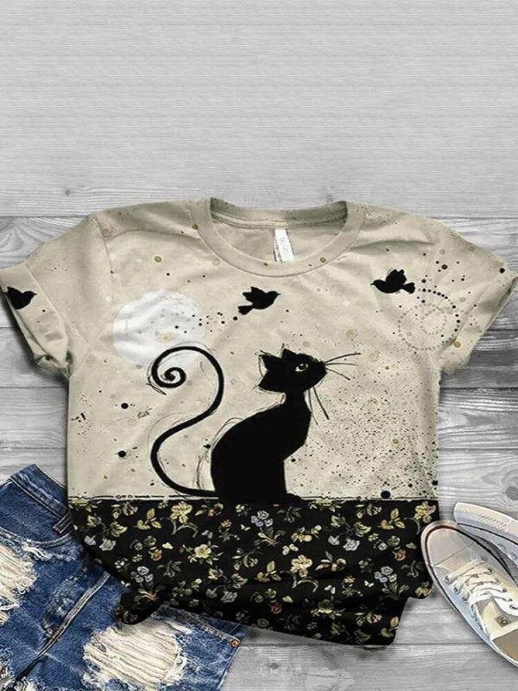 Cartoon Cat Floral Printed Short Sleeve O neck T shirt P1695957