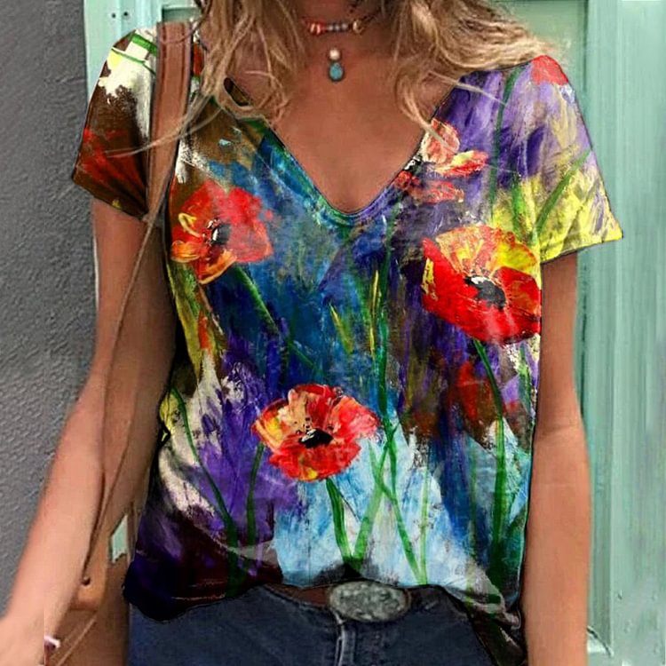 Casual Flower Oil Painting Print Short Sleeve T-Shirt