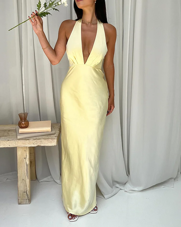 Elegant Deep V Solid Color Long Dress