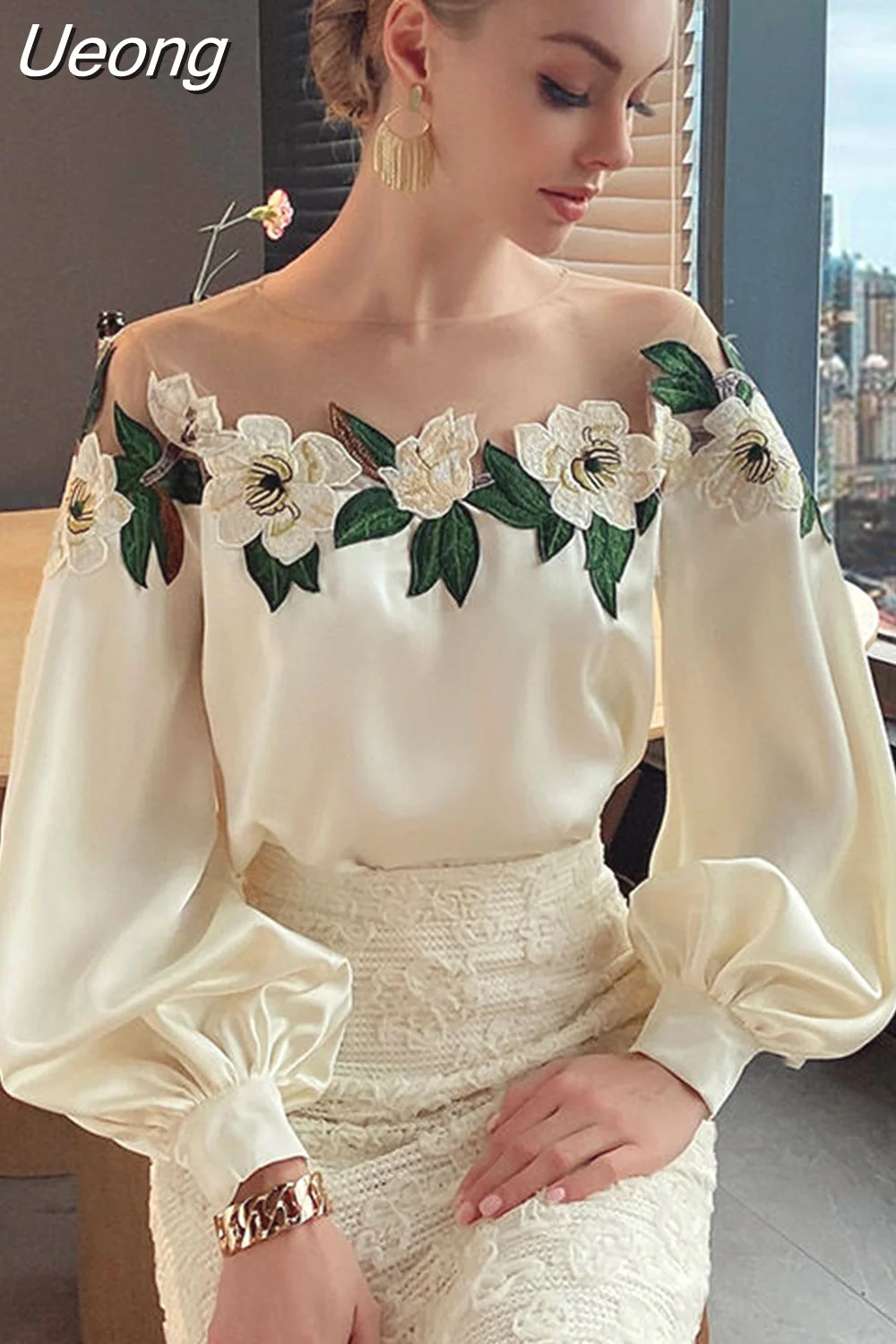 Ueong Embroidered Flower Blouse Woman Mesh Patchwork Spring Satin Shirt Lady O-neck Tops Long Sleeve Women's Clothes 24976