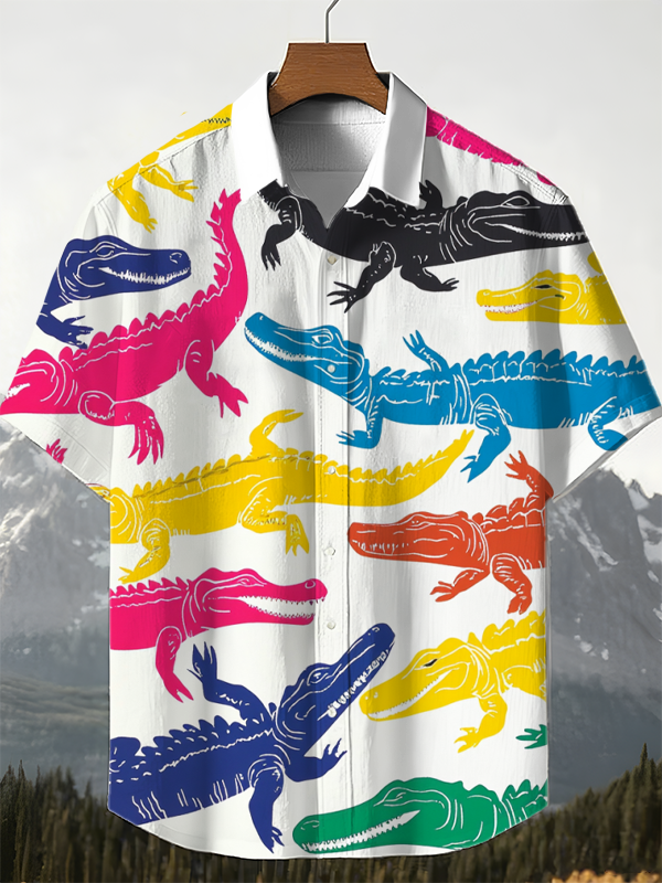 Men's Colored Crocodile Art Print Short Sleeve Shirt