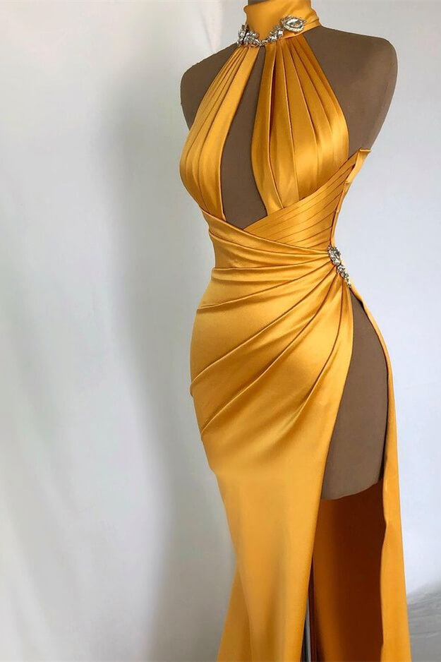 Gold Mermaid Prom Dress Beaded Strapless Formal Evening Dress with Slit
