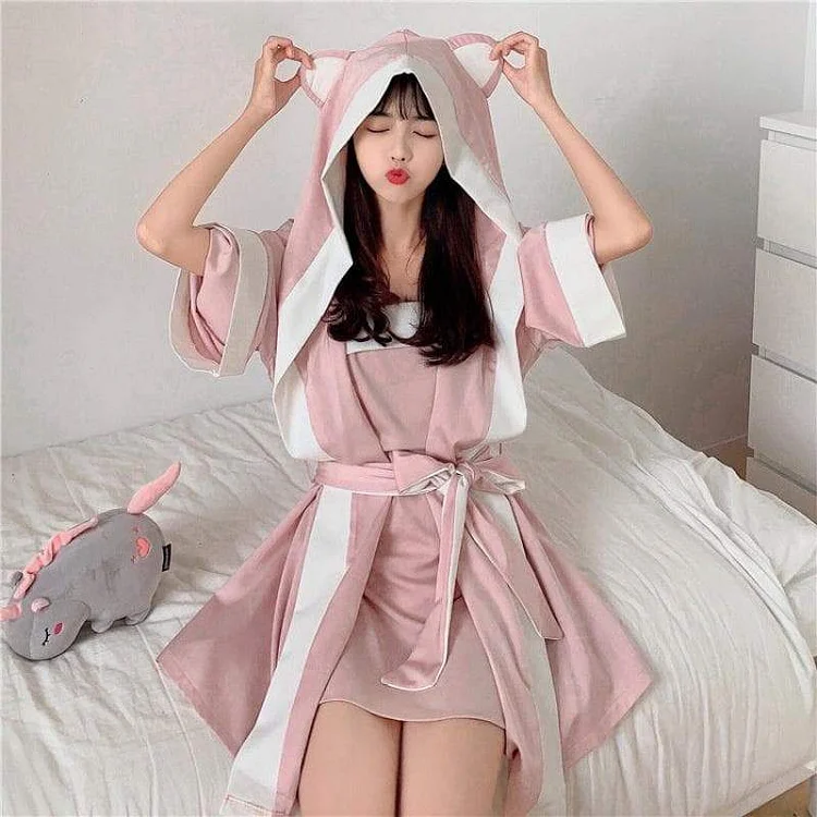 Kawaii Pink Cat Ears Two Piece Set Pastel Homewear Pajamas SP16154