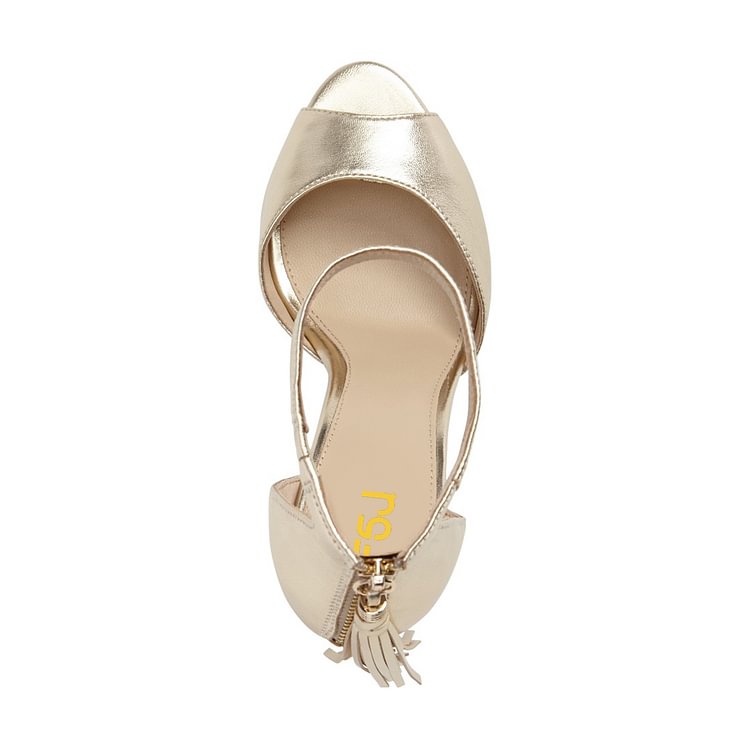 Champagne Tassel Sandals Peep Toe Ankle Strap Stiletto Heel Sandals |FSJ Shoes