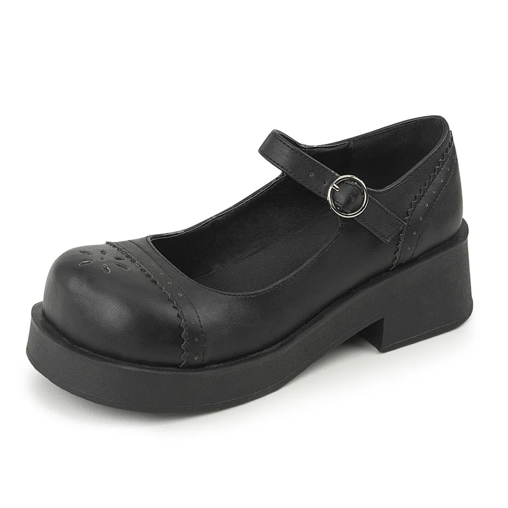 Black Vegan Leather Buckle Fastening Strappy Platform Mary Jane Shoes Nicepairs