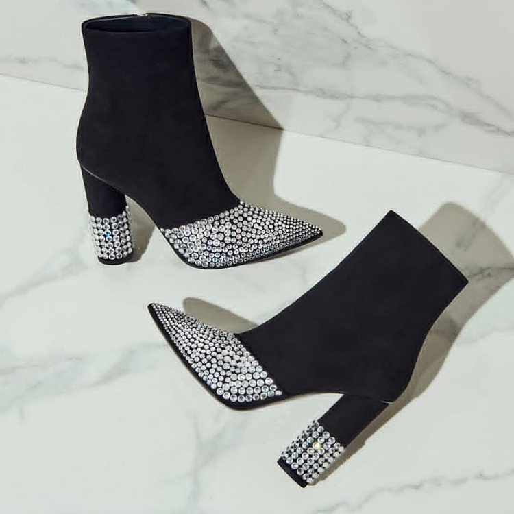 Black Suede Rhinestones Chunky Heel Ankle Booties |FSJ Shoes