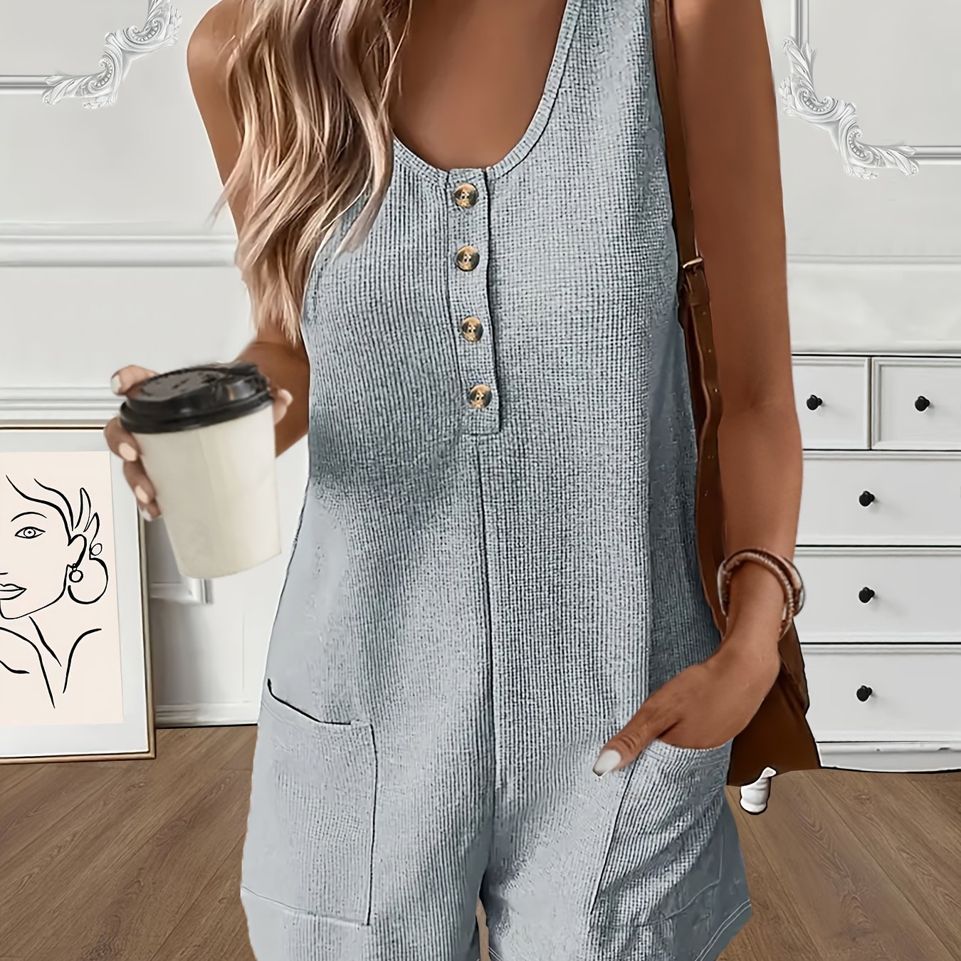 Button Front Romper Jumpsuit With Pockets, Casual Solid Color Sleeveless Romper Jumpsuit For Summer, Women's Clothing