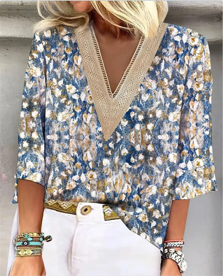 Summer Hot Sale Lace Edge V-neck Casual Printed Shirt for Women