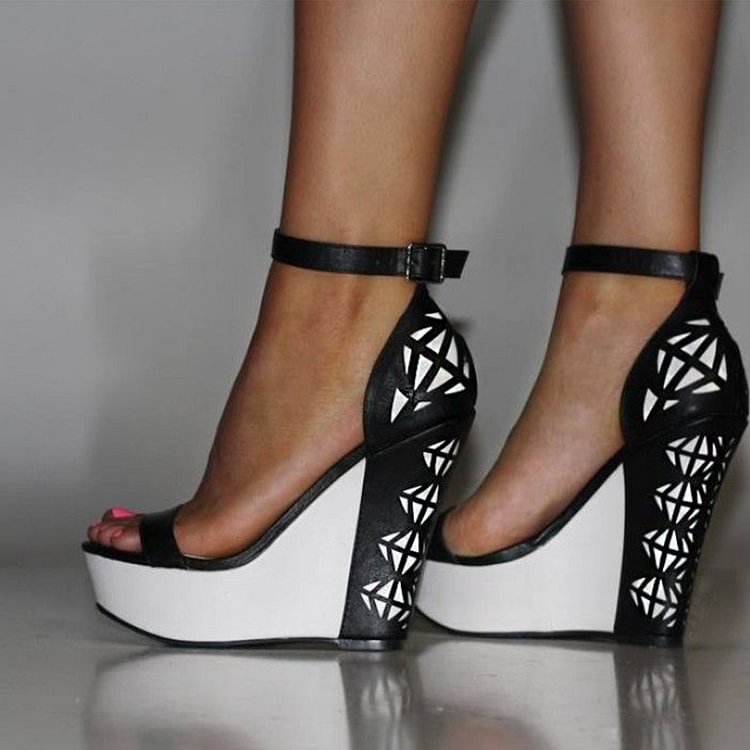 Black and White Wedge Sandals Grid Printed Ankle Strap Sandals |FSJ Shoes
