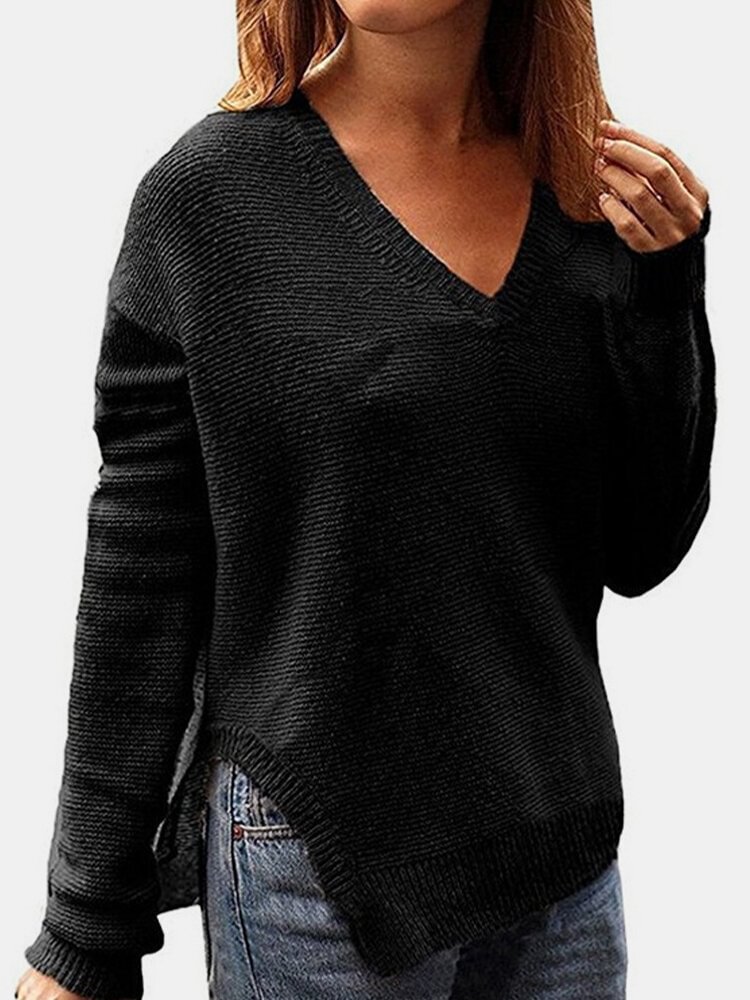 Solid Color Long Sleeve V-neck Split Sweater For Women - Shop Trendy Women's Clothing | LoverChic