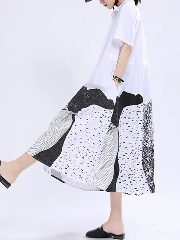 Loose Short Sleeves Contrast Color Drawstring Printed Tied Waist Lapel Midi Dresses Shirt Dress